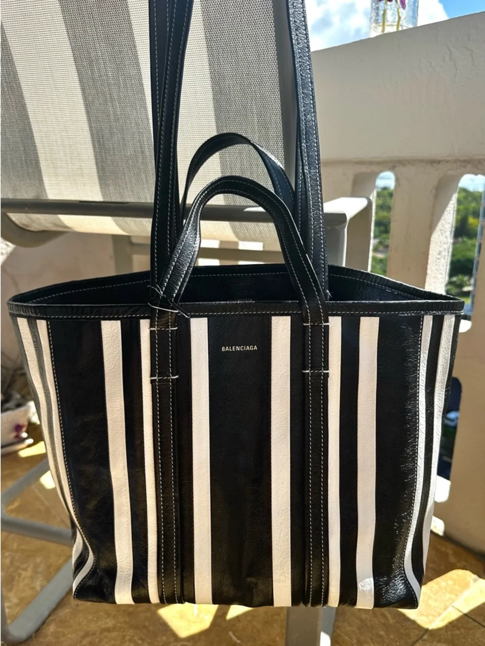 Balenciaga Barbes East-West Shopper Tote Black White Striped Leather Bag - Picture 5 of 16